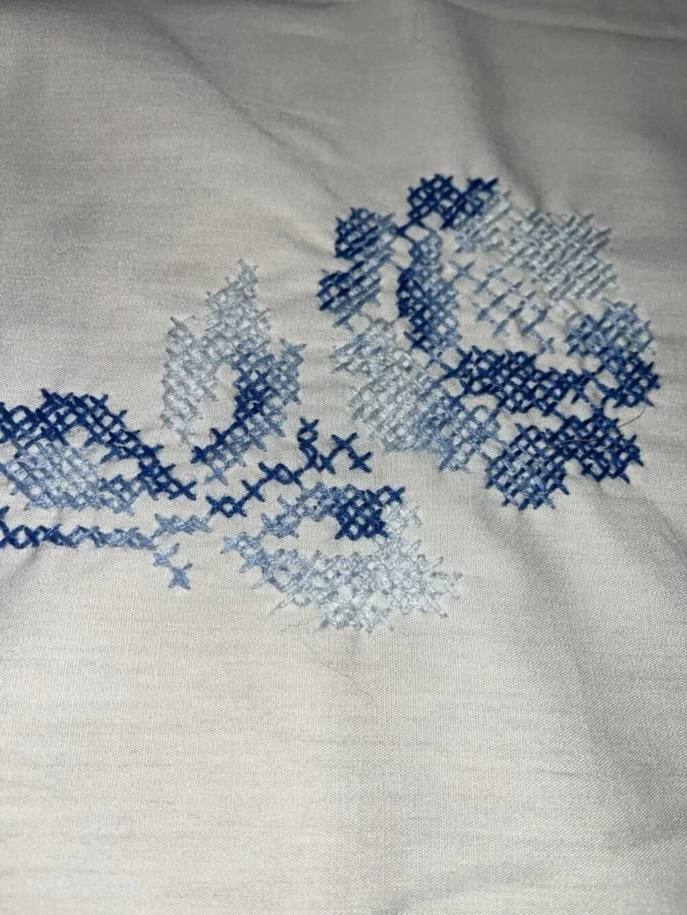 Vtg Cross Stitch White Blue Flowers Tablecloth 50” x 52 